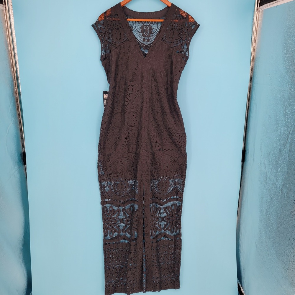NWT Express Black Lace Maxi Dress Womens Medium Crochet Gothic feminine fitted